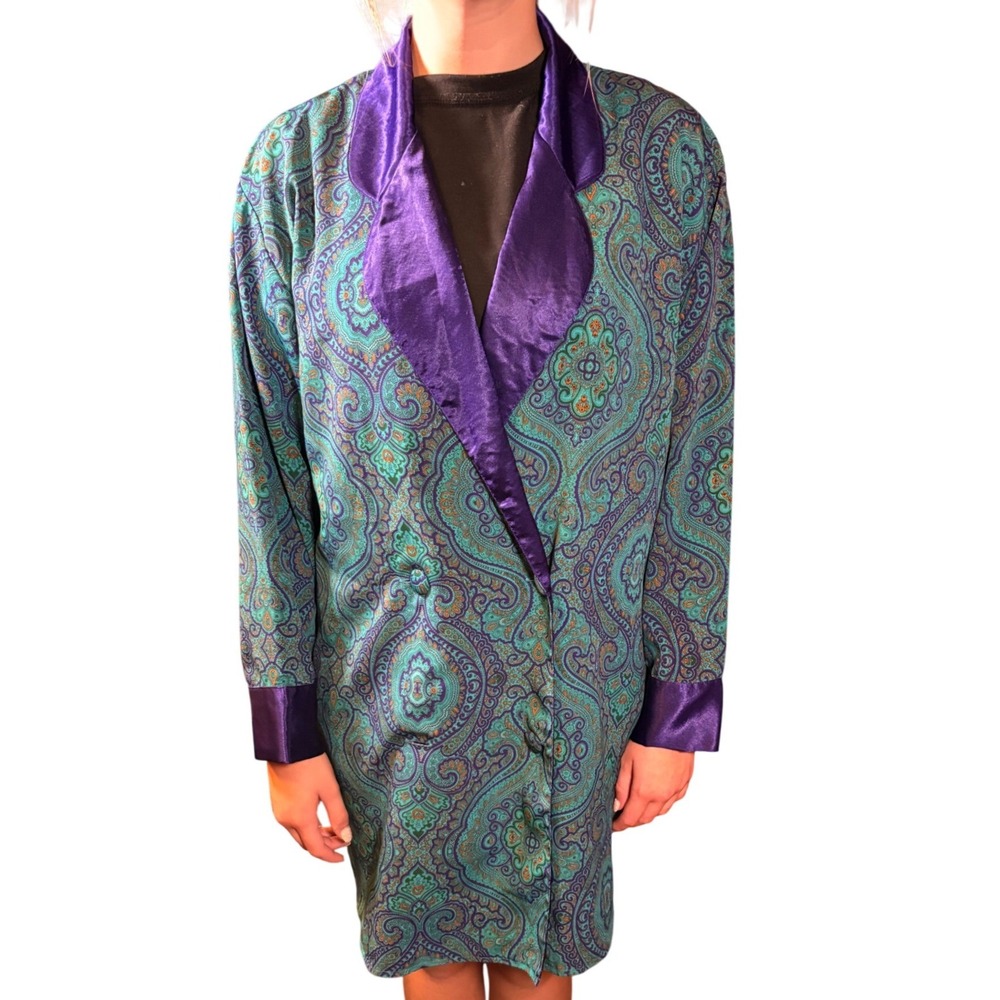 Victoria's Secret Robe Women Small Teal Purple Good Vintage Paisley Gold Label
